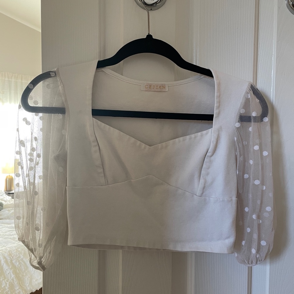 White Elegant top with Polka Dot Sheer Sleeves
